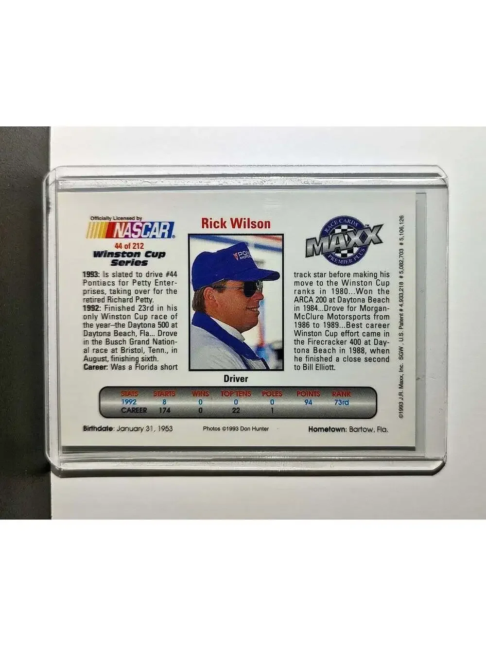 Rick Wilson 1993 Maxx Premier Plus Racing #44 NASCAR Card Petty Enterprises